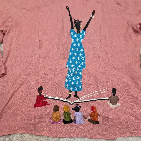 Flax Tunic Shirt Womens L Pink Coral Oversized Hand Painted Ethnic Unity Boho - Picture 7 of 7